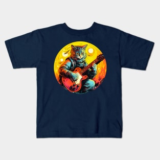 Cat Playing Guitar Funny Cat With Guitar Cute Cat Guitar Kids T-Shirt